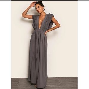 Plunging Neck Tie Back  Pleated  Ruffle Dress